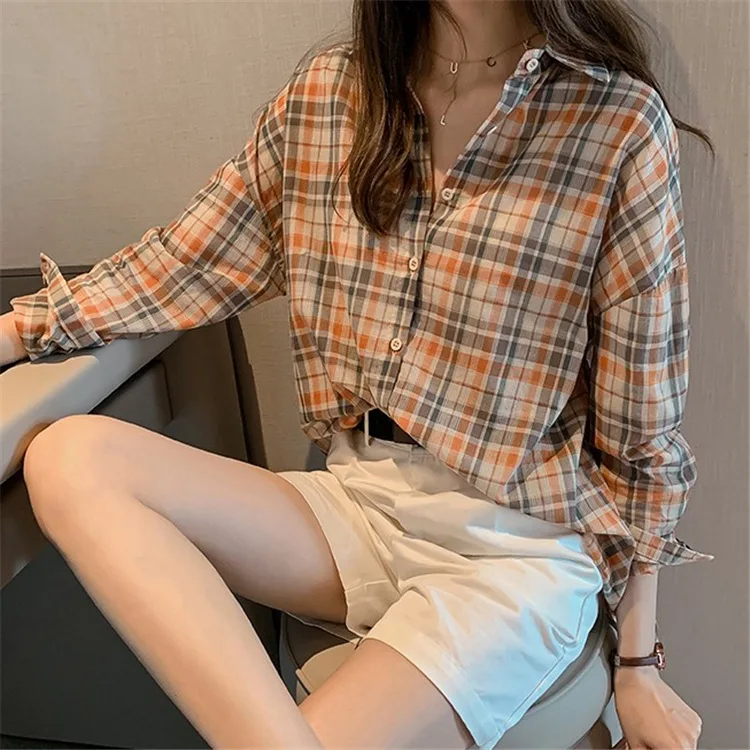 

Autumn retro literary fan plaid shirt female gentle wind thin section loose all-match long-sleeved shirt button lapel cardigan