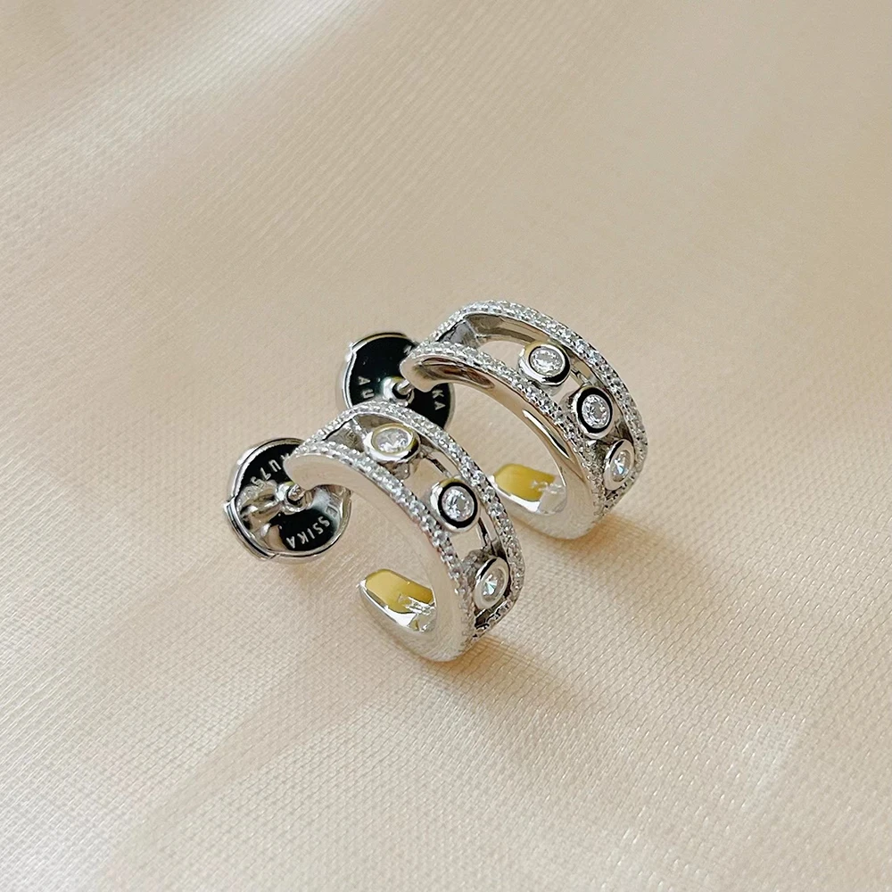 S925 Sterling Silver Full of Zircon Three Sliding Diamonds Classic Hoop Earrings for Women Luxury Fine Jewelry Valuable Gifts