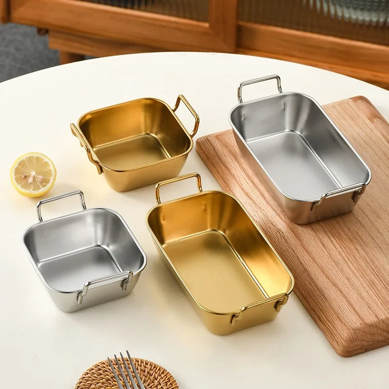 

304 Stainless Steel Food Storage Tray with Handle Silver Gold BBQ Snacks Baking Pastry Pan Plate Sushi Dish Kitchen Storage