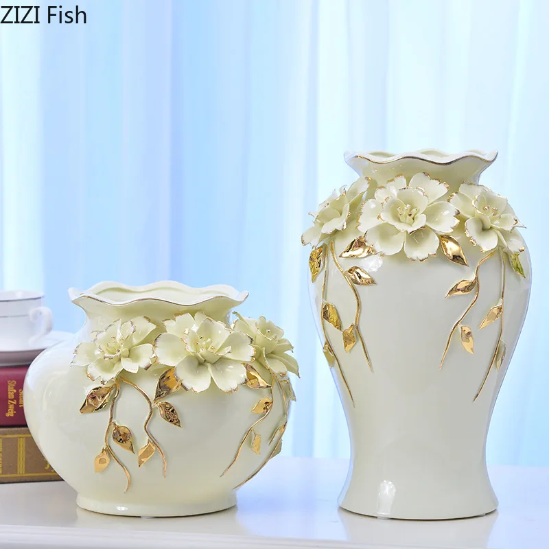 

Gilded Rose Relief Ceramic Vase Creative Flower Pots Decorative Flower Arrangement Desk Decoration Floral Vases Modern Decor