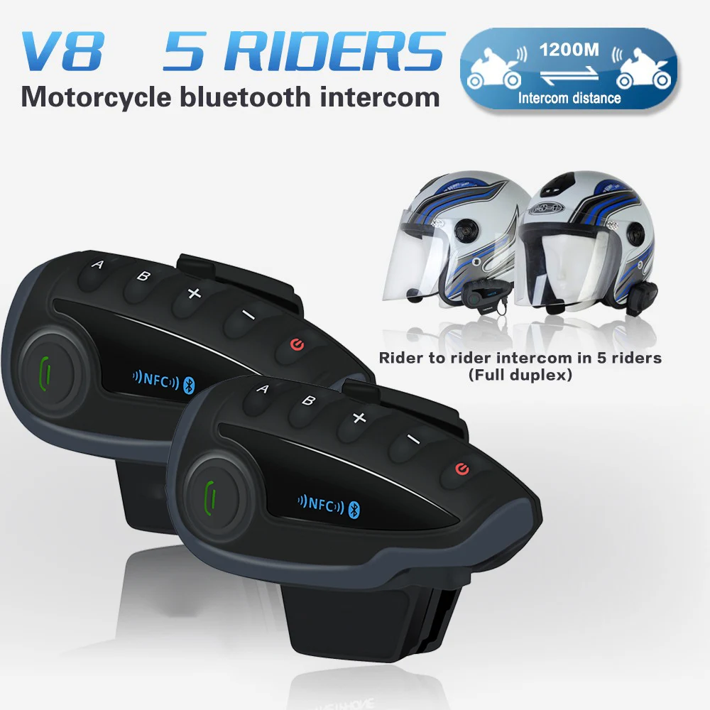 

V8 1200M FM Bluetooth Intercom Motorcycle Helmet Interphone Headset NFC Support Remote Control Full Duplex For 5 Riders Group