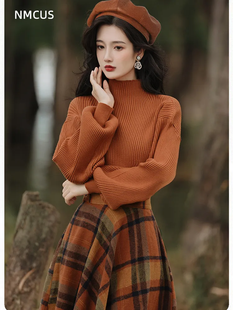 

Женский комплект NMCUS на осень/зиму 2023, желтая водолазка в стиле пэчворк, винтажный вязаный свитер, милая элегантная юбка