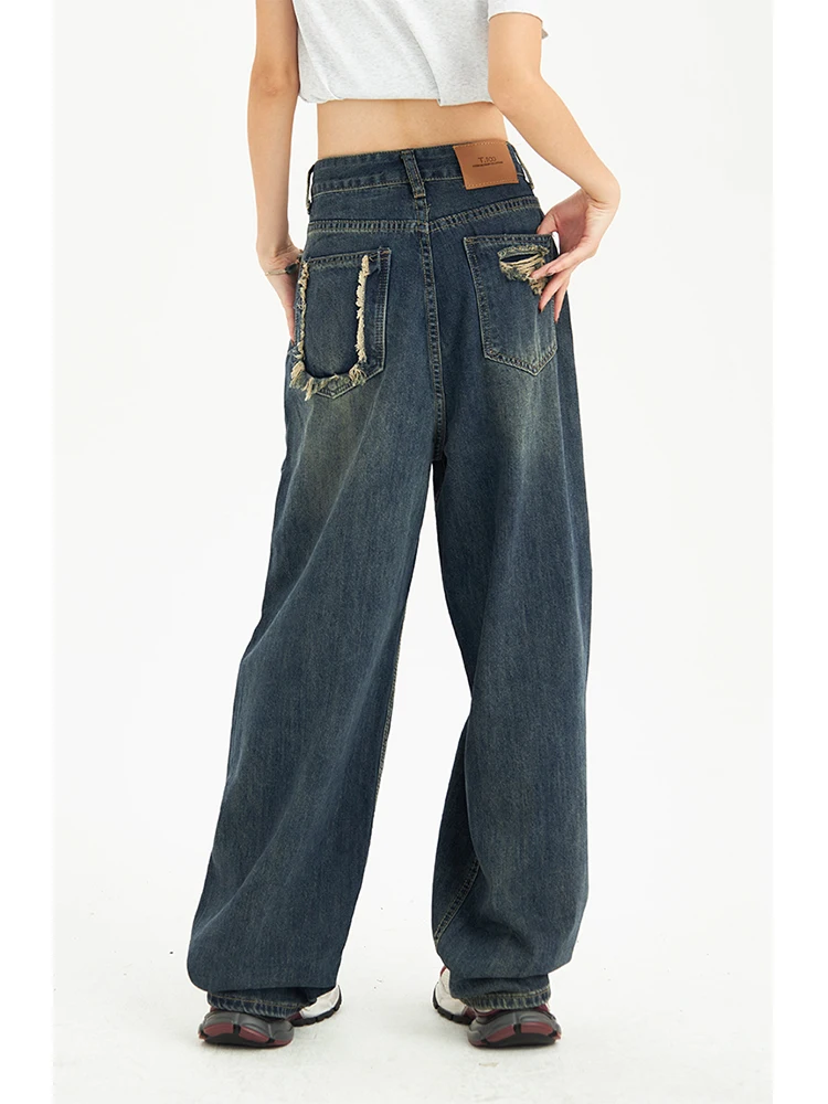

Vintage High Waist Women Jeans Streetwear Design Wide Leg Jean Female Denim Trouser Straight Baggy Mom Denim Pants Feamle Y2K