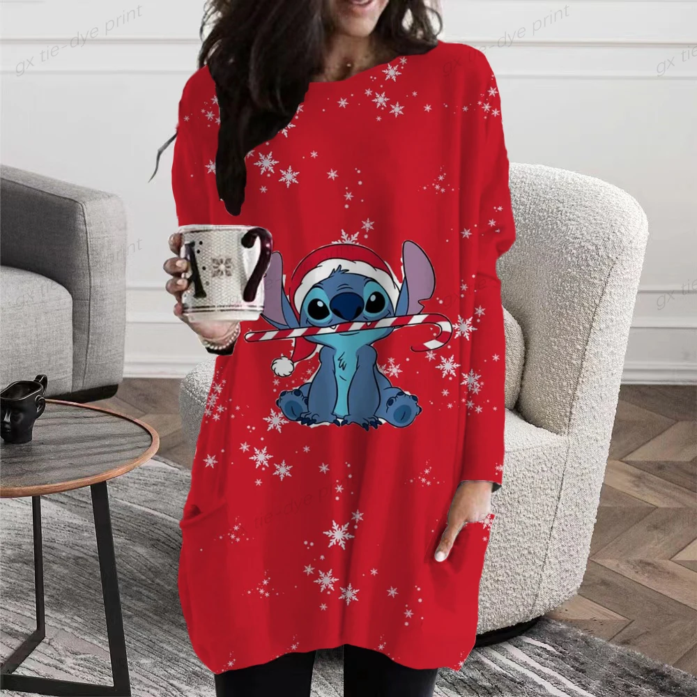 

Autumn O Neck Long Sleeve Disney Stitch Women's Sweatshirt Dress 2022 New Fashion Red Loose Pocket Ladies Mini Dresses Vestidos