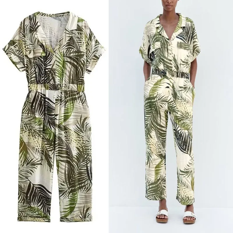 

TRAF 2023 Women Tropical Print Jumpsuit Lapel Short Sleeves Jumpsuits Elastic Waist Ruched Streetwear Summer Female Long Rompers