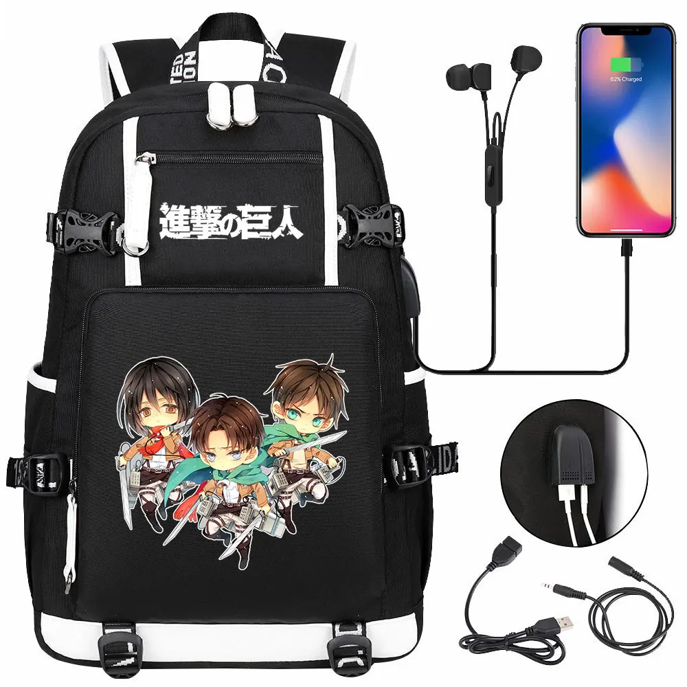 

Anime Attack on Titan High Capacity Backpack USB Charging Knapsack Teenager Zipper Packsack Student Schoolbag Travel Laptop Bag