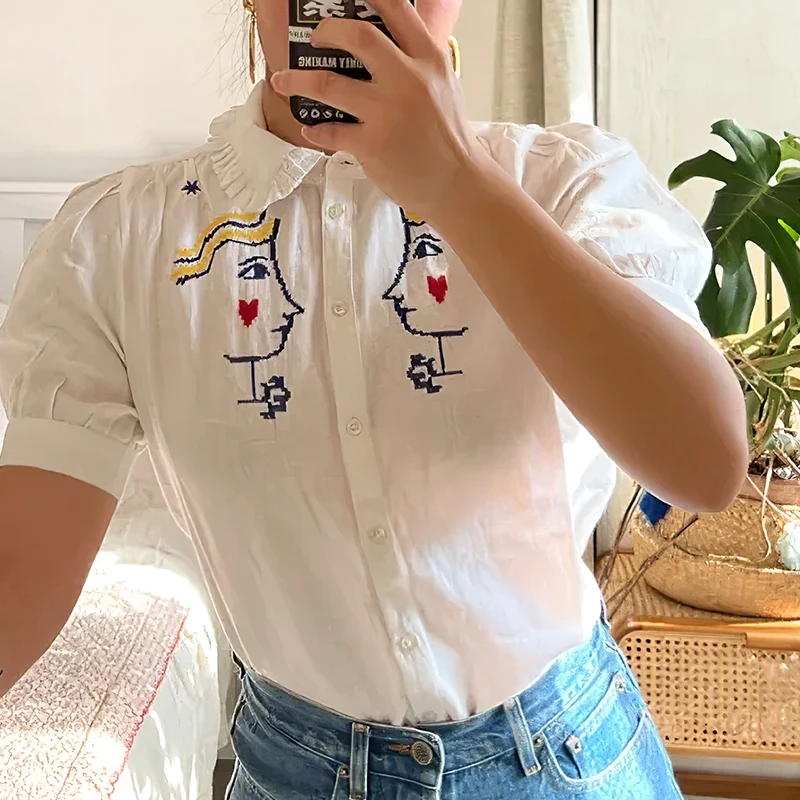 

Рубашка с вышивкой и оборками, летняя элегантная женская однобортная блузка с рукавами с шариками, повседневные женские шикарные винтажные...