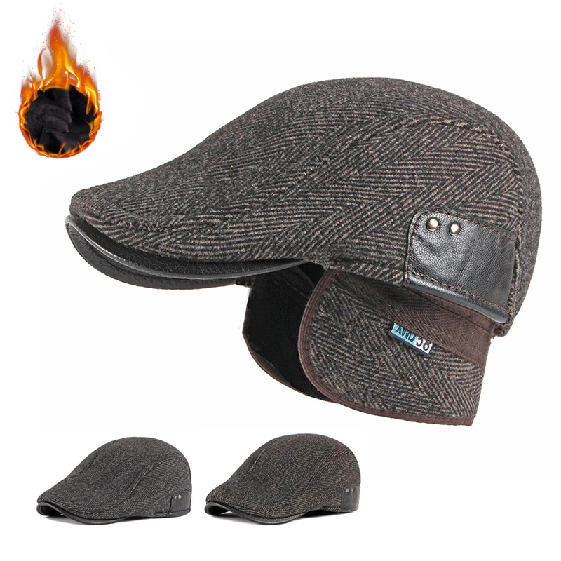 

Autumn Winter Classic Herringbon Beret Men British Wool Flat Hat Velvet Ear Protectors Newsboy Caps Gatsby Painters Hats Boina