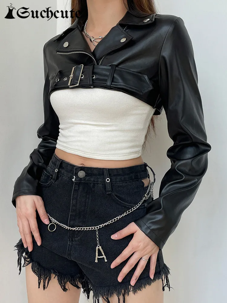 SUCHCUTE Punk Style Black Faux Leather Jackets Women Moto Biker Zip Up Slim PU Cropped Jacket Motorcycle Racing Lapel Outwears