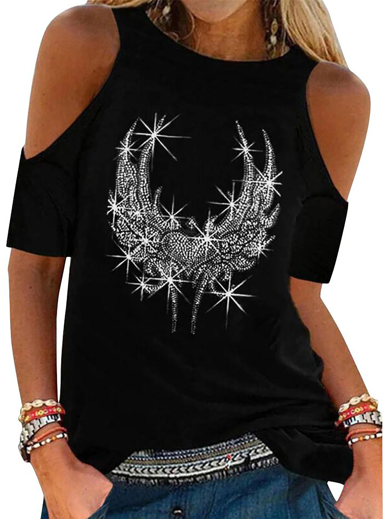 

Women Cold Shoulder Sleeve Short Sleeve Tops Round Neck Pullover Diamonds Sequins Print Casual O-Neck Black Y2K Female Clothing