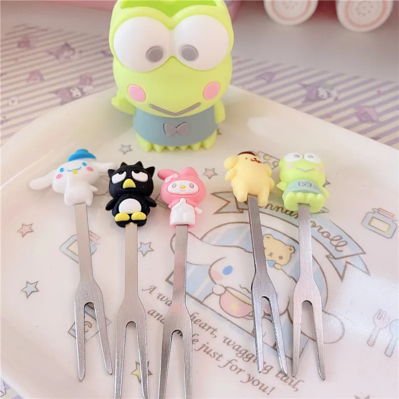 

My Melody Cinnamoroll Purin Dog PINK Kawaii Cartoon Silicone Doll Fruit Fork Anime Stainless Steel Home Mini Fruit Fork Set Gift