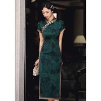 chinese vintage cheongsam dark green improved retro republican elegant slim long dress qipao traditional clothing for women