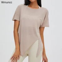 wmuncc 2022 summer new mesh yoga clothing womens short sleeve t shirt breathable loose side split exercise fitness gym