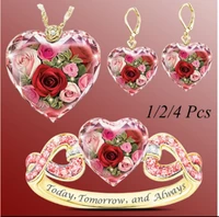 personality fashion ladies pink crystal rose flower heart ring elegant accessories ladies gem flower gift ring pendant earrings