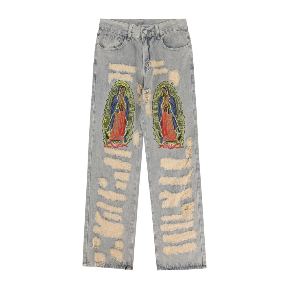 

Embroidery Allah Distroyed Frayed Jeans Pants for Men Women Distressed Ripped Holes Goth Men's Grunge Clothes Streetwear Trouser