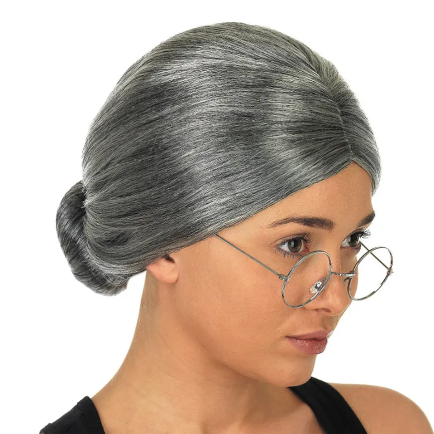 Old Woman Silver Hair Great Santa Claus Grandmother Hairpiece Christmas Headwear Dress Up Show Wig Cosplay Party Costume 995994