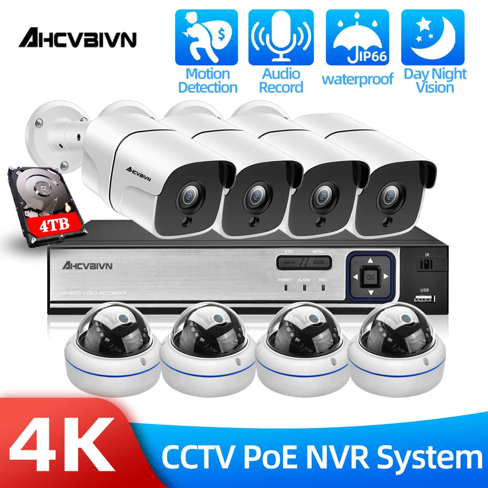 

AHCVBIVN 8Channel H.265+ 8MP POE Camera System 8CH NVR Outdoor IP Camera Audio Record Home Security Protection Cam Kit 4Channel