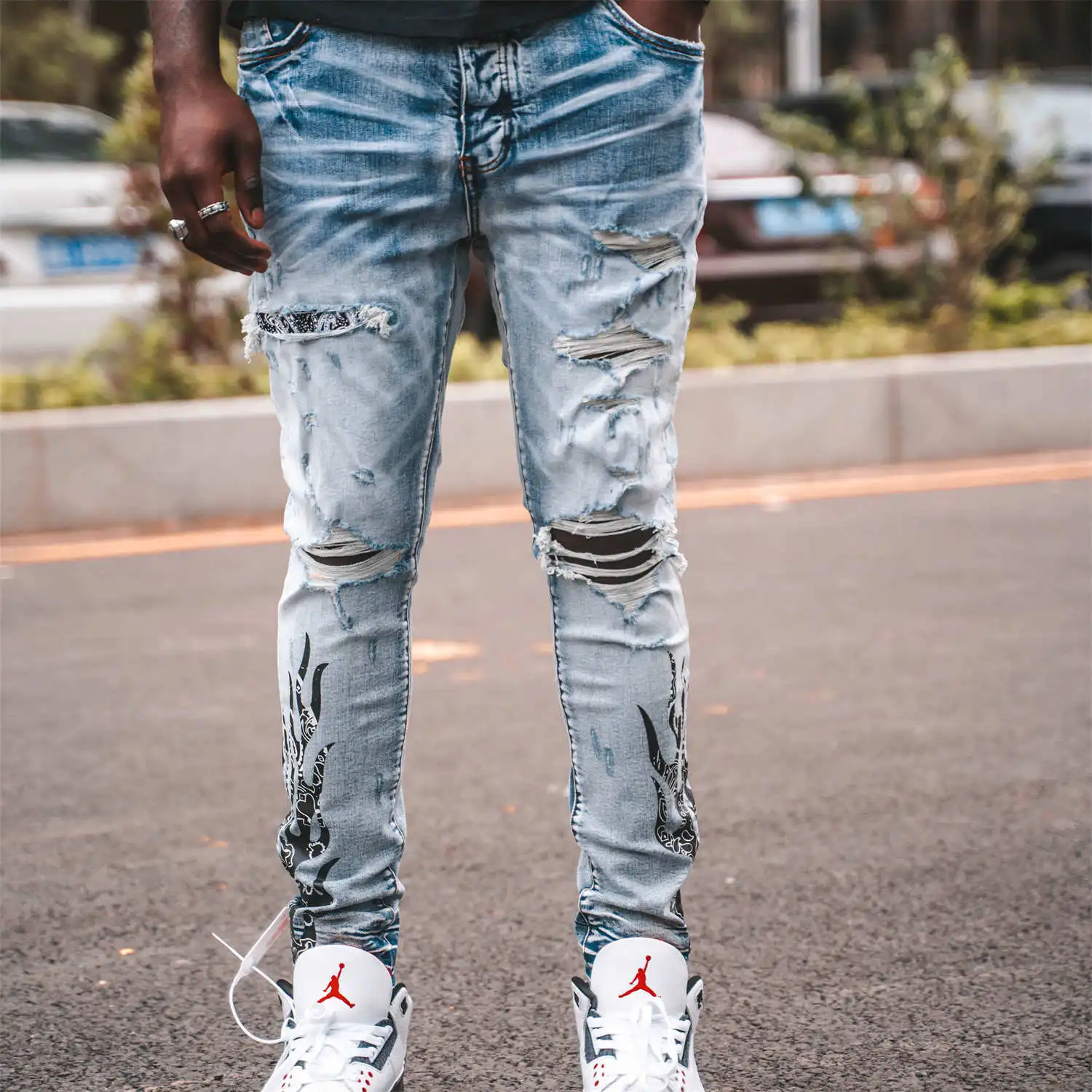 

Best Jeans Brands for Men Distressed demin Skinny Ripped Streetwear Damaged Rhinestones Painted Slim Fit Stretch Destroyed amiri