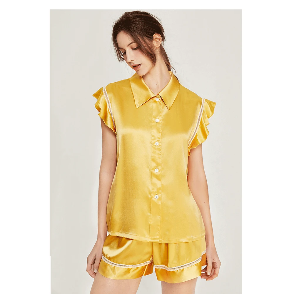 LiliRoms Yellow 100% Silk Pajamas Set Sleepwear 22 Momme Luxury Natural Silky Shorts Sleep Women's Clothing Free Shipping