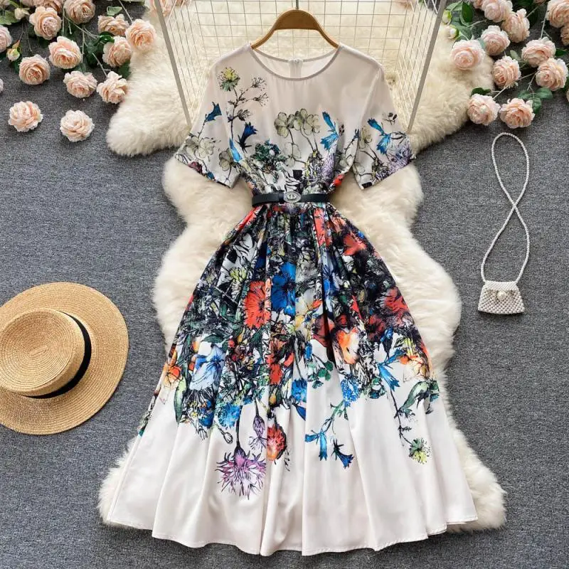 

WEIHAOBANG 2022 Summer Women's New Printed Round Neck Short Sleeve Belt Slim Dress Medium Long High Waist Casual Dress