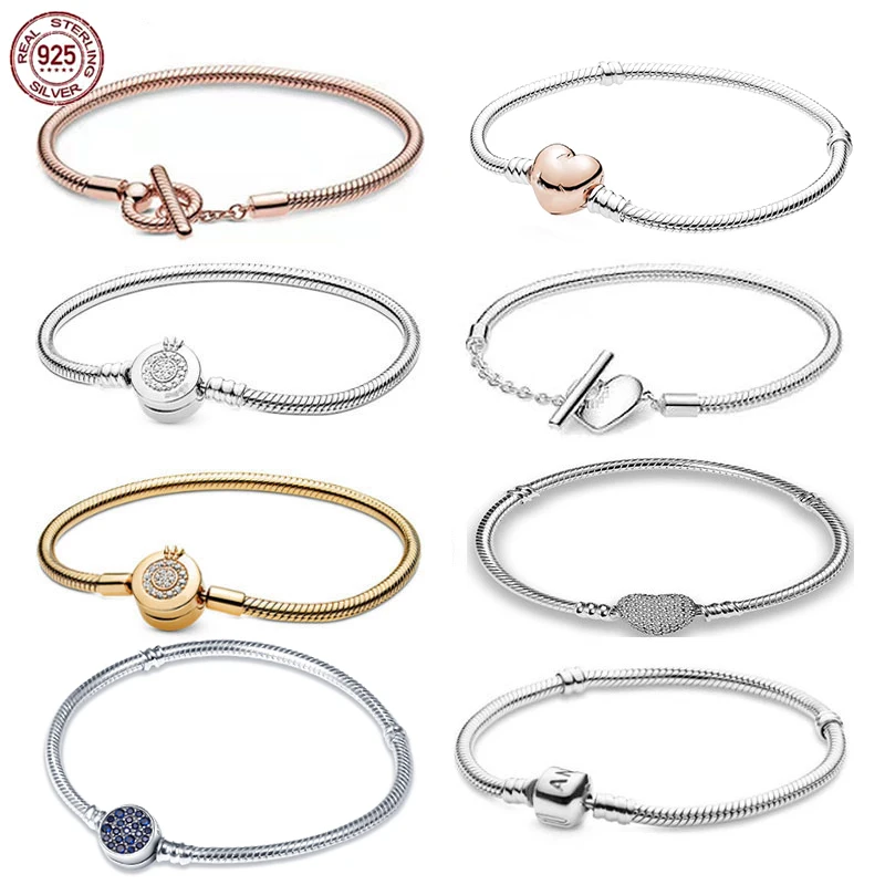 

Fit Original Pandora Charm Beads DIY Gifts 925 Sterling Silver Pavé Brick Sparkling Disc Buckle Snake Chain Bracelet