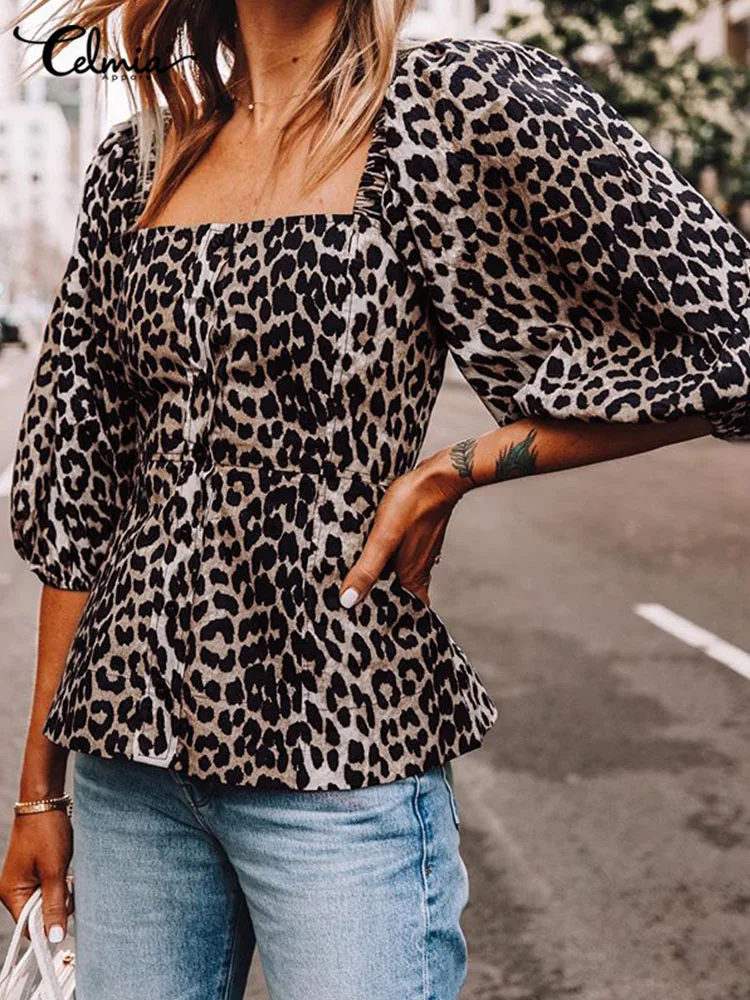 

Celmia Lantern Sleeve Fashion Shirts Women Elegant Leopard Print Square Collar Slim Blouses Casual Streetwear Ruffled Hem Tops
