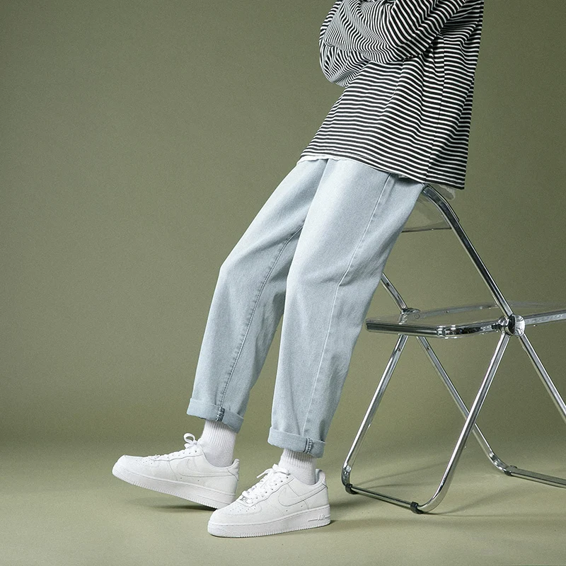 Summer Blue/Black Jeans Men Fashion Drawstring Casual Straight Jeans Men Streetwear Hip Hop Loose Denim Pants Mens Trousers