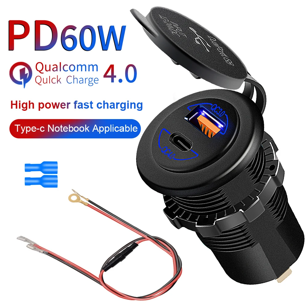 

Waterproof Car Power Outlet QC4.0 PD 60W Car Phone Charger Dual Ports Car Charger Adapter for MacBook Laptop Smartphone