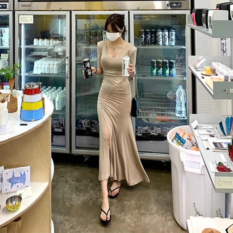 

Ruched Summer Women V-neck Side Pleated Slit Long Skirt Design Sense Slim Slimming Short-Sleeved Sexy Bodycon Long Dress Autumn