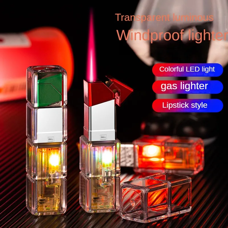 

New Transparent Luminous Lipstick Lighter Windproof Colorful Light Butane Inflatable Cigarette Accessories Cute Gift for Girls