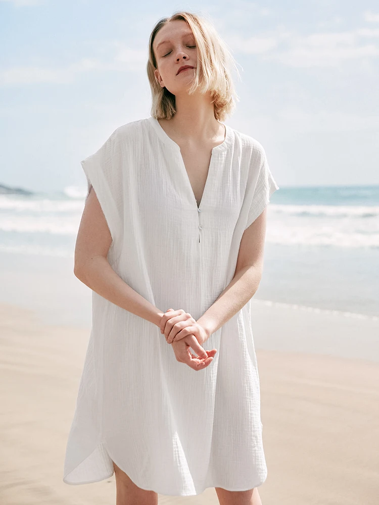 

Свободные женские платья Linad, белые ночные рубашки с коротким рукавом и V-образным вырезом, Женская Повседневная хлопковая ночная рубашка с ...