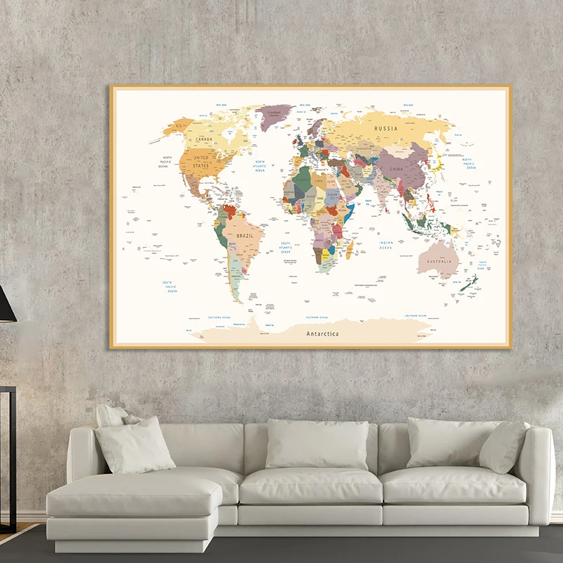 

225*150cm The World Political Map Vintage Wall Poster Large Size Canvas Painting Children Study Supplies Living Room Home Decor