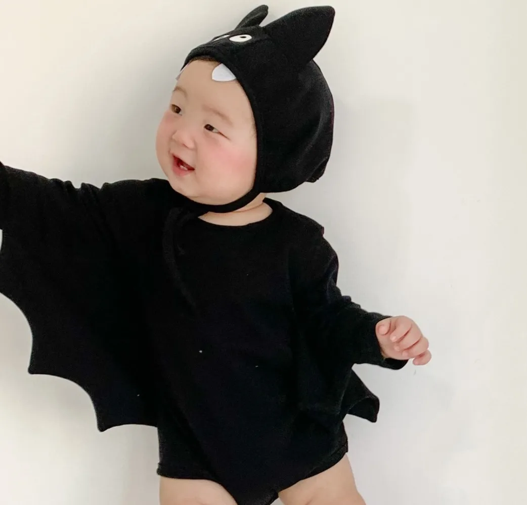 

Unisex Baby Halloween Costume Clothes Toddler Autumn Black Bat Boy Bodysuit And Hat Sets 2023 Long Sleeve Body Suit Infant Top