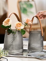 new glass flower vase with leather handle home office cafe big flower bottle hydroponic vase wedding table decoration ornament