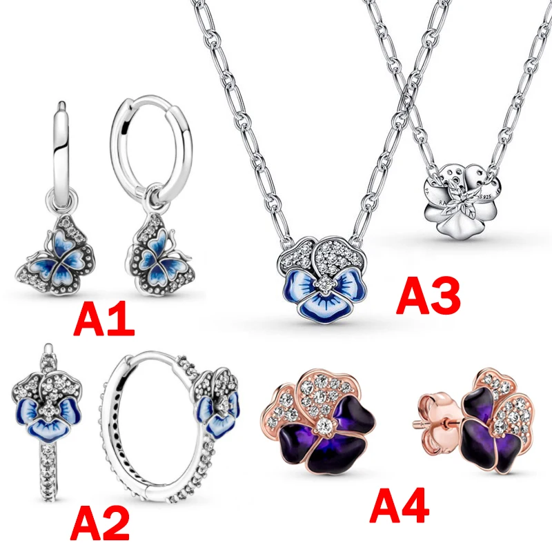 

Spring 2022 New 100% 925 Silver Original Logo Blue Pansy Flower pandora Pendant Necklace Butterfly Hoop Earrings Women Jewelry