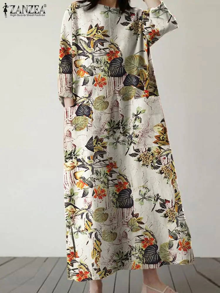 

Платье ZANZEA женское с цветочным принтом, богемный Повседневный винтажный сарафан средней длины с круглым вырезом и длинным рукавом, в стиле ...
