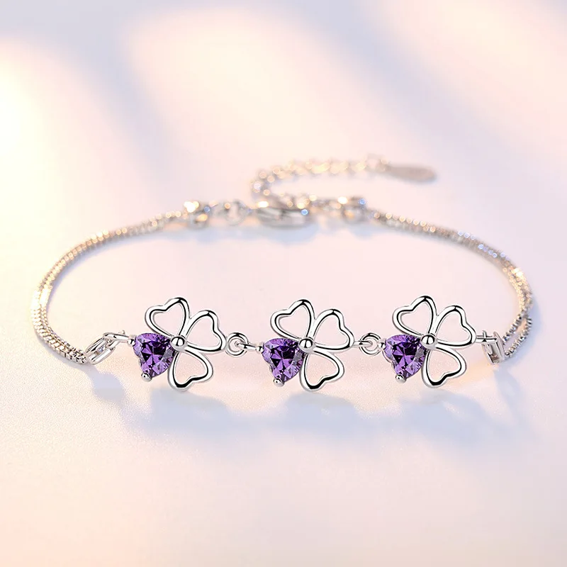 

Purple Crystal Bracelet Silver Plated Charms Bracelet Lucky Leaf Clover Heart Bracelets For Women Bracelets & Bangles CF2426