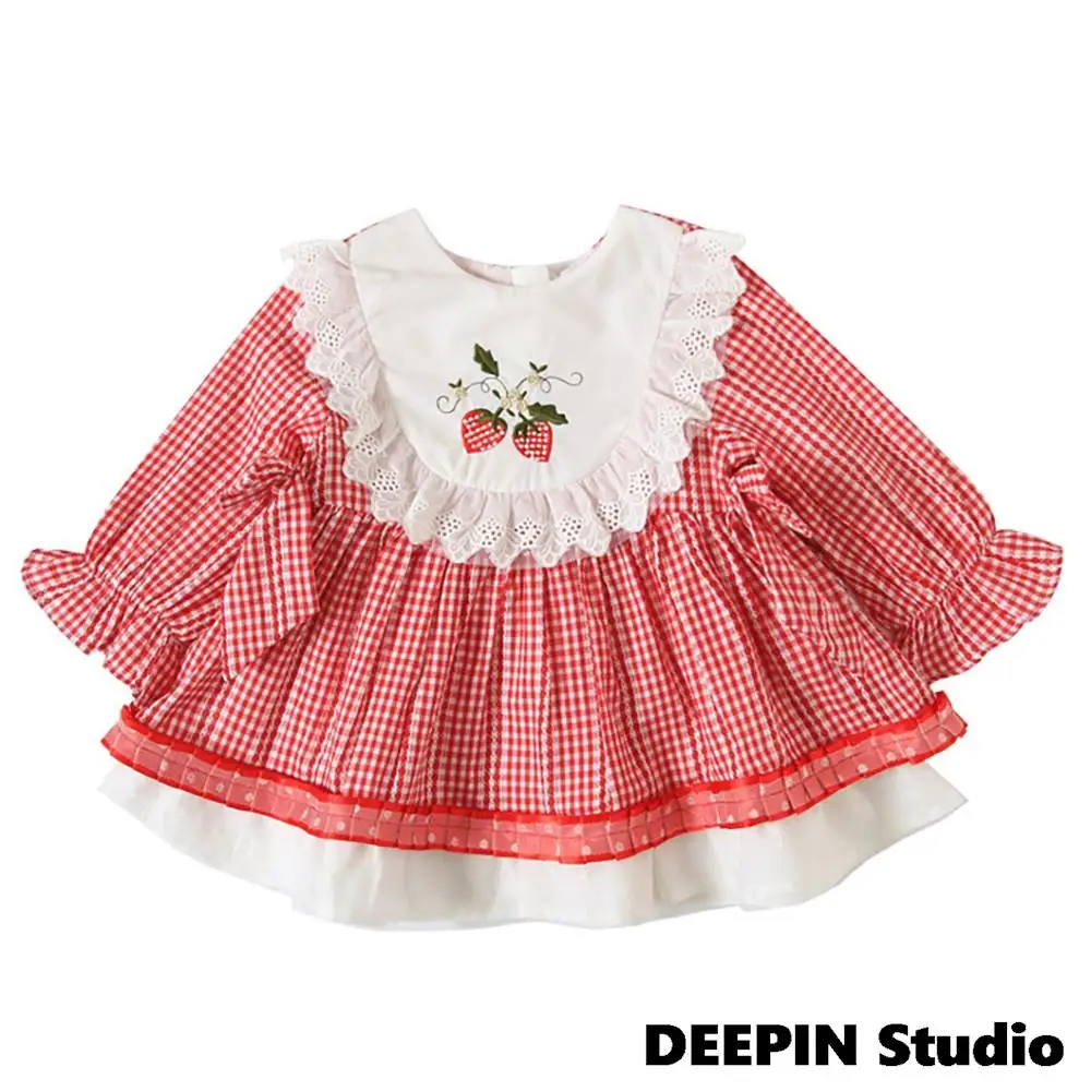 

Infant Girls Dresses New Spainsh Baby Plaid Cotton Frocks Cherry Embroidery Dresses 1st Birthday Baptism Tunic Boutique Clothing