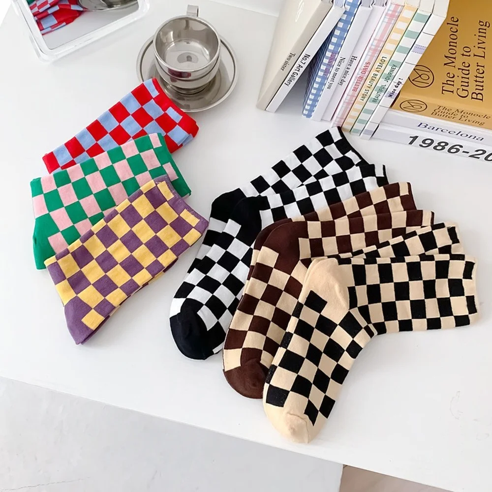 6 Pairs New Plaid Mid-tube Men and Women Cotton Socks Breathable Soft Unisex Korean Casual Simple Cartoon Socks Wholesale