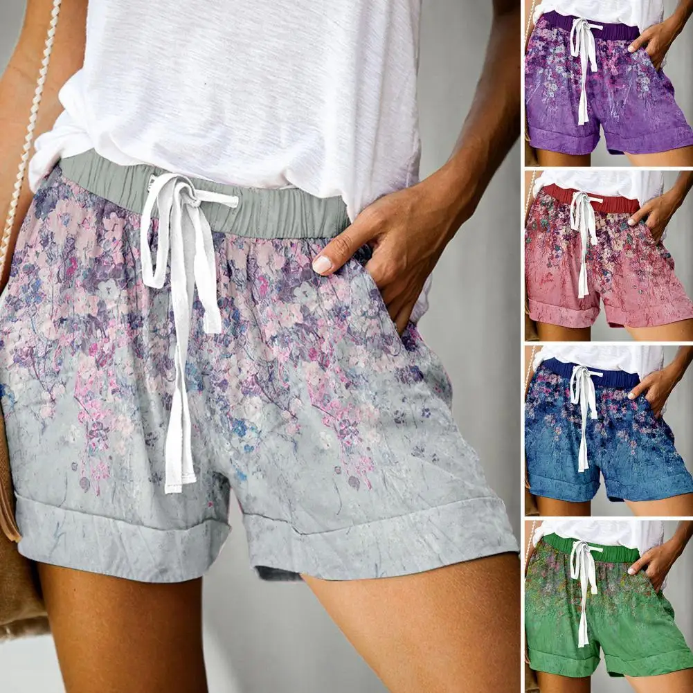 

Trendy Sports Shorts Stretchy Wide Leg Summer Shorts Floral Print Drawstring Loose Shorts