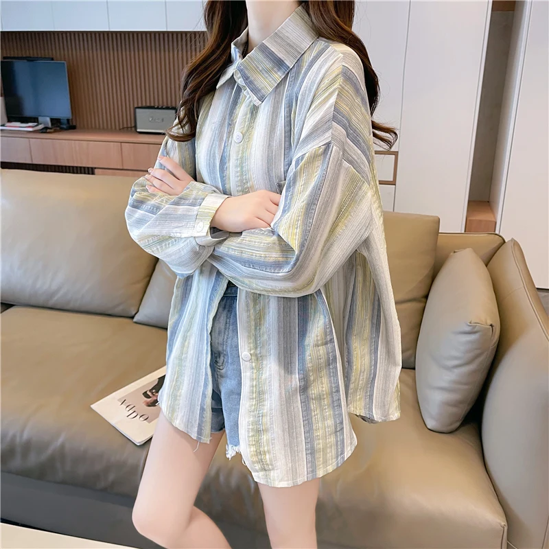 

Thin Cotton Single Breasted T-shirt Casual Loose Striped Long Sleeve Sunscreen Shirts 2023 Summer New Fashion Women Shirt X7951