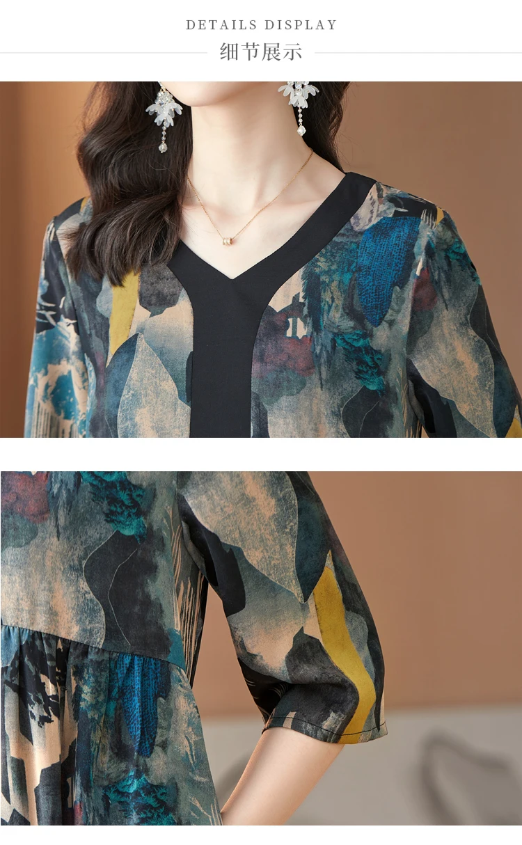 Special Promotion Silk Printing V-neck Ladies Dress 2022 Summer New Large Size Loose And Thin Casual Long Skirt Elegant Party |