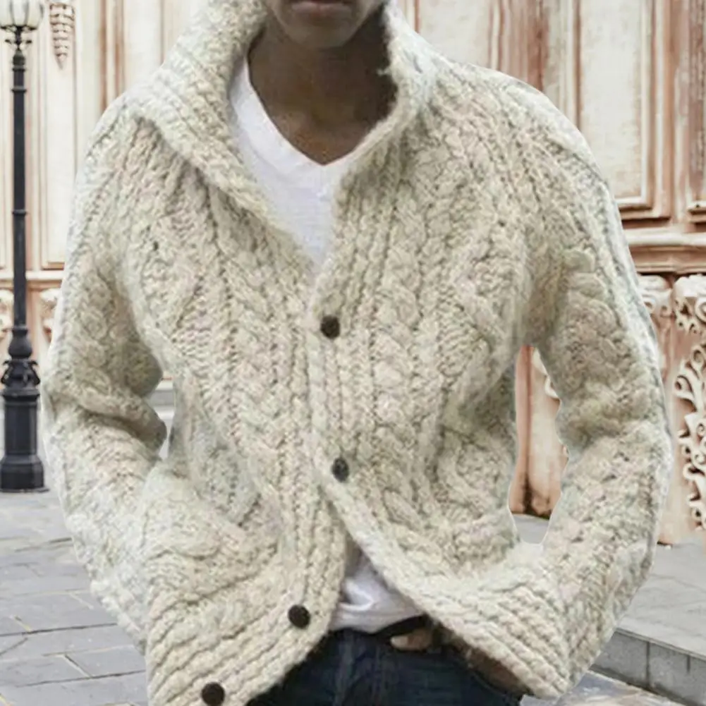 Chic Anti-shrink Single-breasted Pockets Men Sweater Coat for Home Men Sweater Coat Winter Sweater Coat