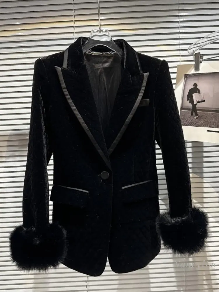 Fox Fur Cuff Stitching Long Sleeve Velour Blazer for Women 2022 Winter New Sleeve Diamond Lattice Compressed Cotton Suit Coat