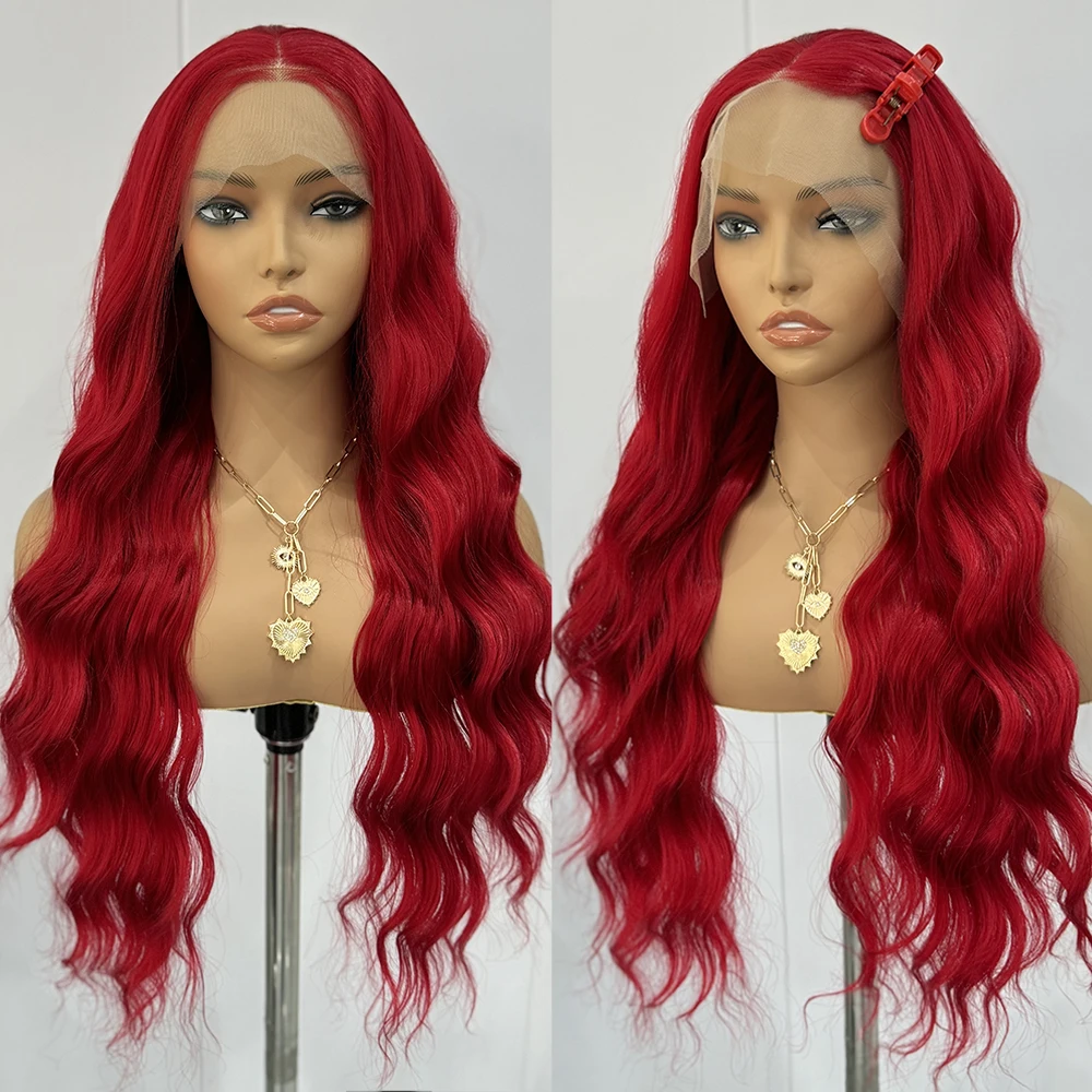 Красный парик Глубокая волна Синтетический фронта шнурка Темно-красные волосы