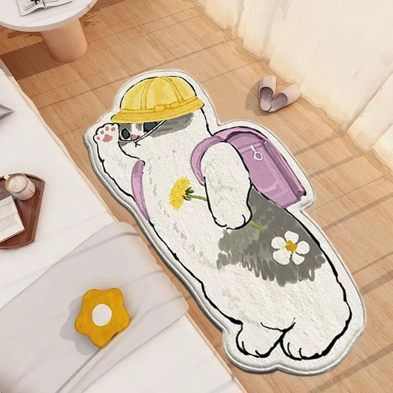 

NEW2023 Korea Kawaii Cat Rug Plush Shaggy Fluffy Ins Irregular Bedside Floor Mat Doormat Kid Girl Bedroom Decor 러그