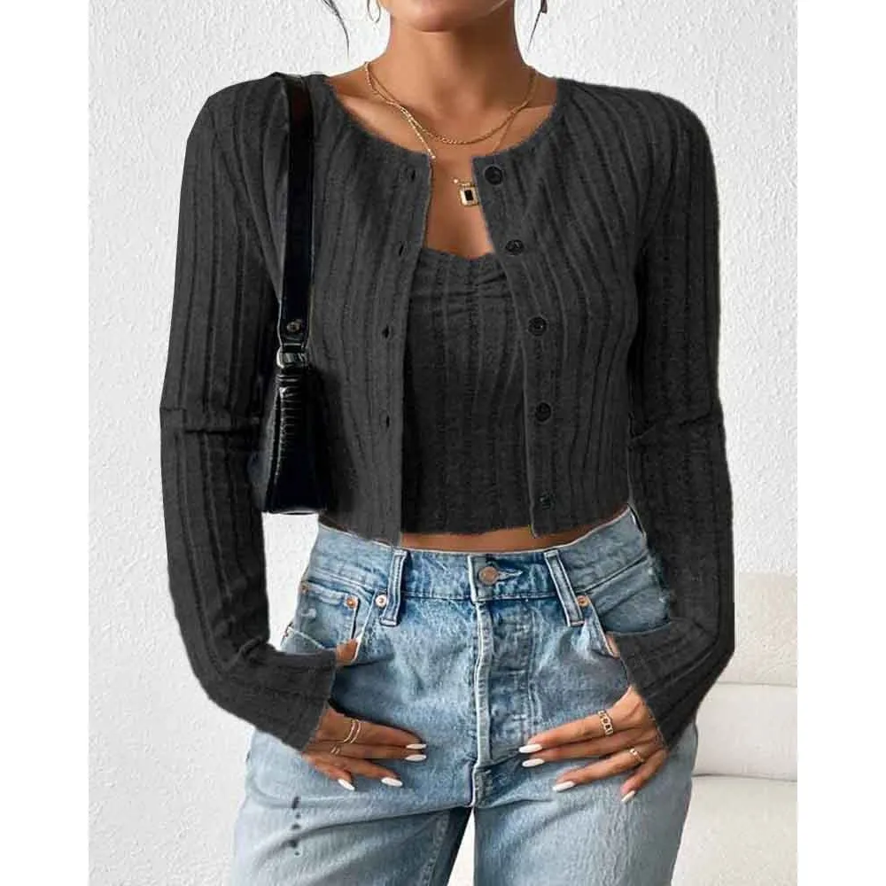 

Женский кардиган с длинным рукавом, однотонный комплект из двух предметов, свитер и майка в Корейском стиле, осень 2023