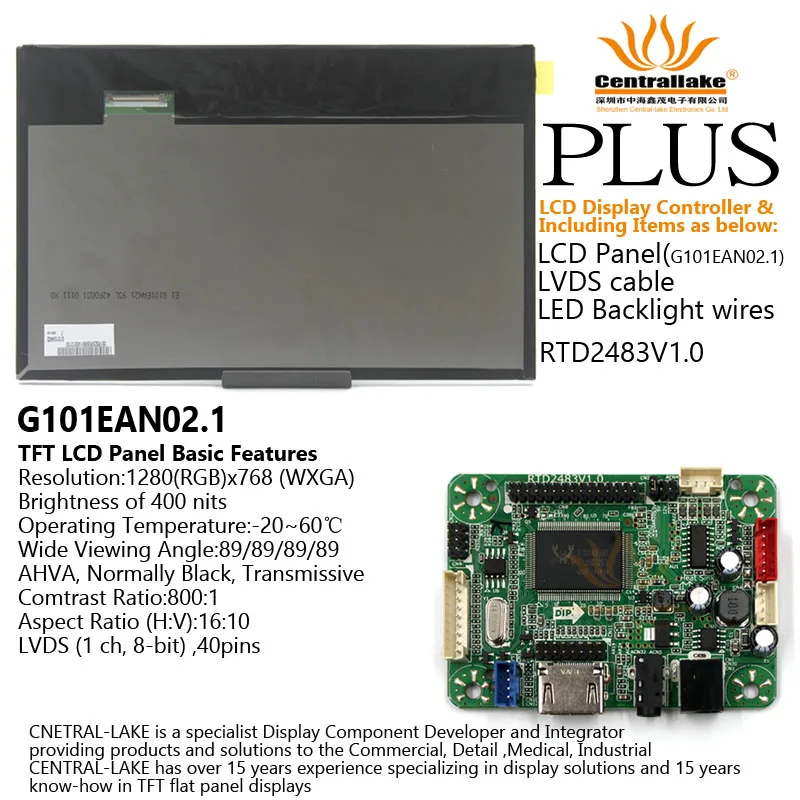 Hot Sale for 10.1″LCD Industrial Display Screen Includes Controller Board RTD2483V1.0 Plus 10.1 Inch Panel G101EAN02.1