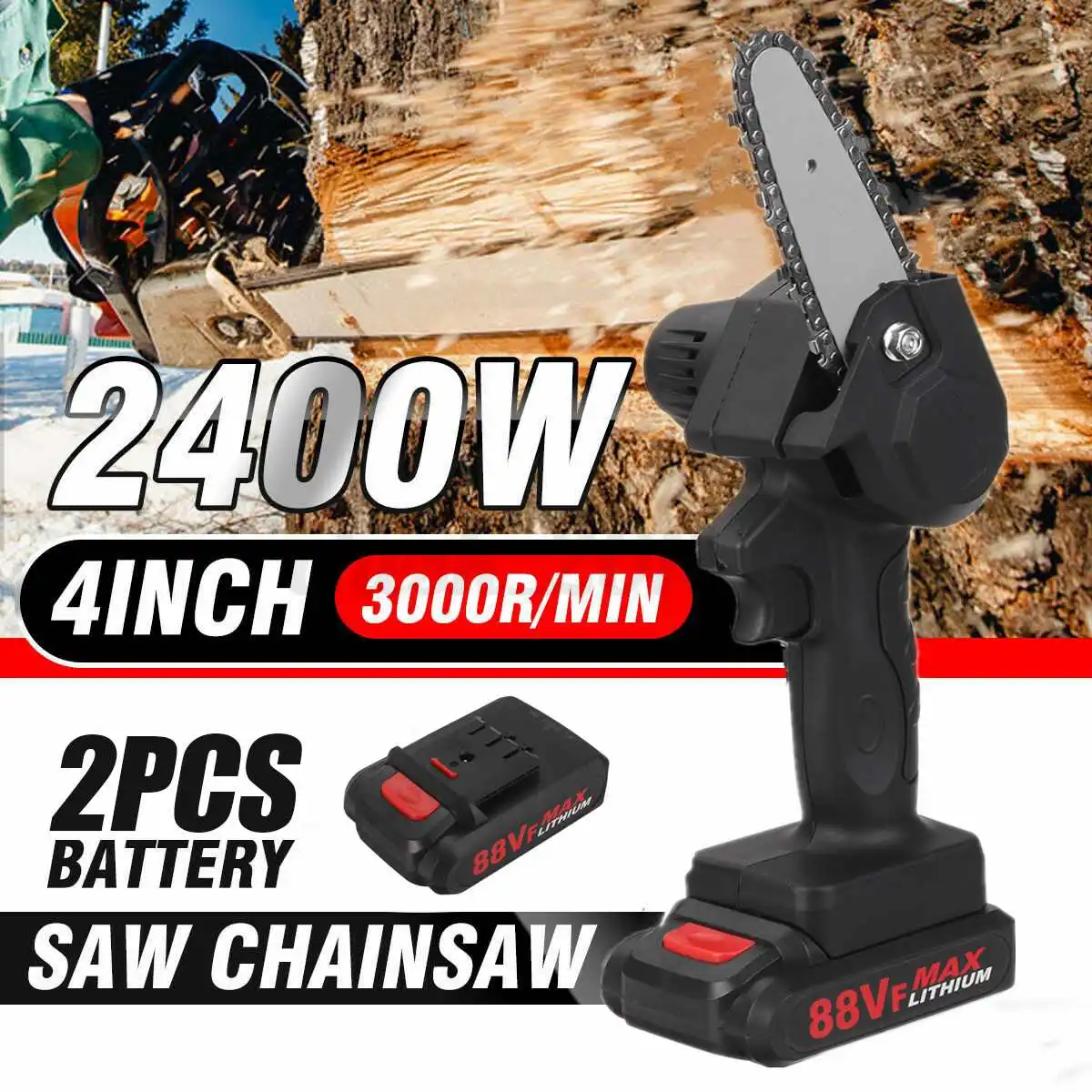 

88VF 2400W Mini Electric Saw 4 Inch Chainsaw For Fruit Tree Woodworking Garden Tool Hand Held Wood Cutter With Lithium Battery