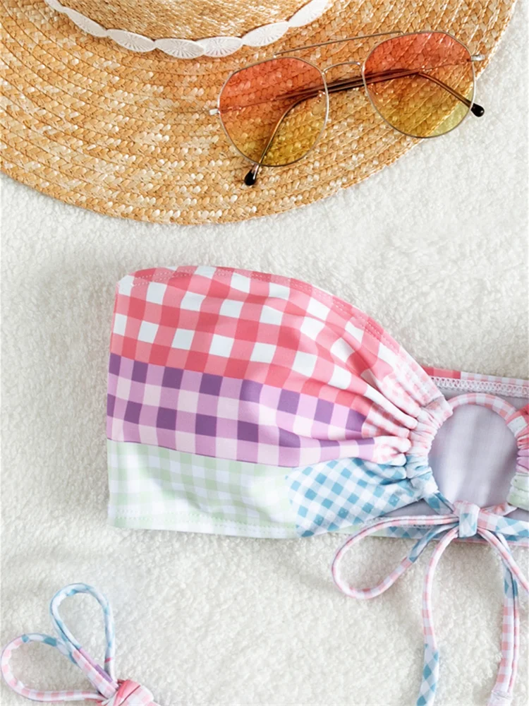 Милые комплекты бикини SUNSIREN с вырезами Женский клетчатый купальник из двух